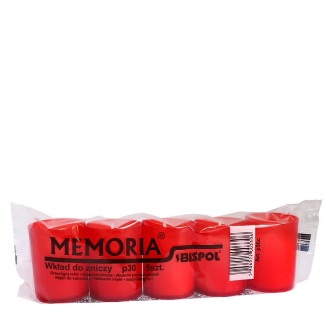 Wkłady do zniczy parafinowe 5 szt. Memoria czerwone p30c a'5 przedstawione na białym tle.