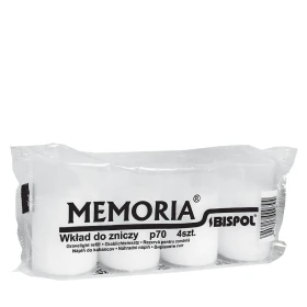Wkłady do zniczy parafinowe 4 szt. Memoria białe p70 a'4 przedstawione w foliowym opakowaniu na białym tle. Zestaw wkładów marki Bispol przeznaczonych do zniczy memorialnych i dekoracyjnych.