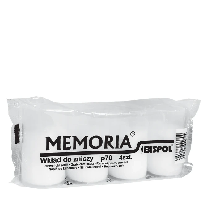 Wkłady do zniczy parafinowe 4 szt. Memoria białe p70 a'4 przedstawione w foliowym opakowaniu na białym tle. Zestaw wkładów marki Bispol przeznaczonych do zniczy memorialnych i dekoracyjnych.