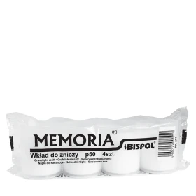 Wkłady do zniczy parafinowe 4 szt. Memoria białe p50 a'4 przedstawione w foliowym opakowaniu na białym tle. Zestaw wkładów marki Bispol przeznaczonych do zniczy memorialnych i dekoracyjnych.