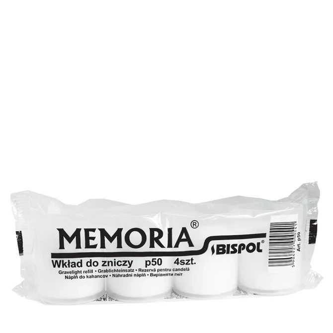 Wkłady do zniczy parafinowe 4 szt. Memoria białe p50 a'4 przedstawione w foliowym opakowaniu na białym tle. Zestaw wkładów marki Bispol przeznaczonych do zniczy memorialnych i dekoracyjnych.