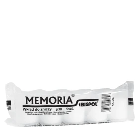 Wkłady do zniczy parafinowe 4 szt. Memoria białe p30 a'5 przedstawione w foliowym opakowaniu na białym tle. Zestaw wkładów marki Bispol przeznaczonych do zniczy memorialnych i dekoracyjnych.