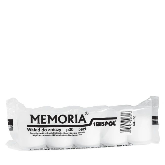 Wkłady do zniczy parafinowe 4 szt. Memoria białe p30 a'5 przedstawione w foliowym opakowaniu na białym tle. Zestaw wkładów marki Bispol przeznaczonych do zniczy memorialnych i dekoracyjnych.