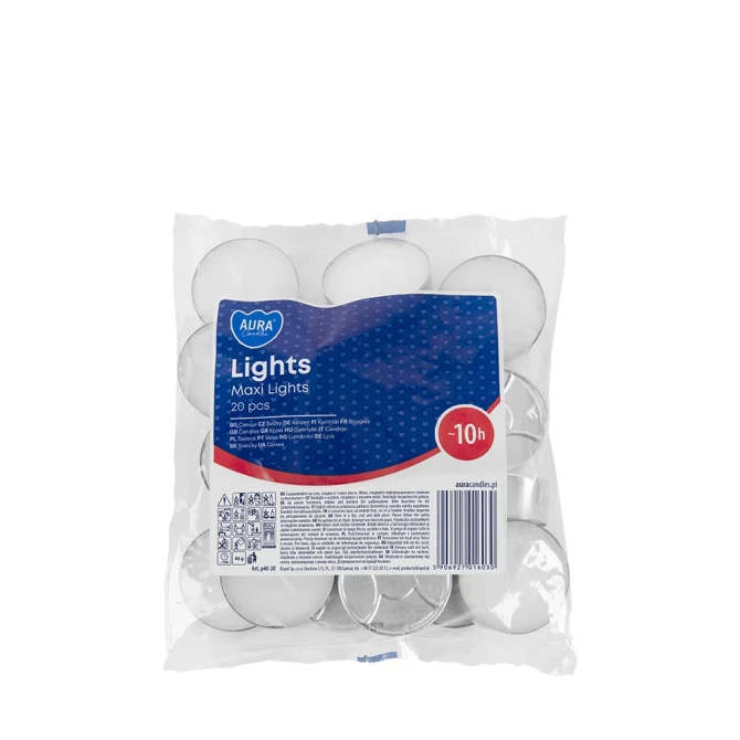 Podgrzewacze tealight 10h 20 szt. w folii p40-20 Aura w praktycznym opakowaniu. Idealne do lampionów, świeczników i dekoracyjnych aranżacji wnętrz.