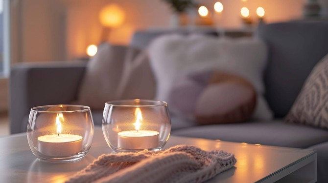 Podgrzewacze tealight 10h 20 szt. w folii p40-20 Aura ustawione w przytulnym wnętrzu podczas wieczornej aranżacji.