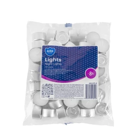 Podgrzewacze tealight 8h 50 szt. w folii p30-50 Aura w praktycznym opakowaniu. Idealne do świeczników, lampionów i dekoracyjnych aranżacji wnętrz.