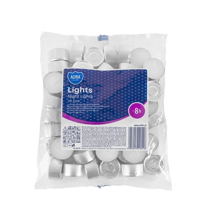 Podgrzewacze tealight 8h 50 szt. w folii p30-50 Aura w praktycznym opakowaniu. Idealne do świeczników, lampionów i dekoracyjnych aranżacji wnętrz.