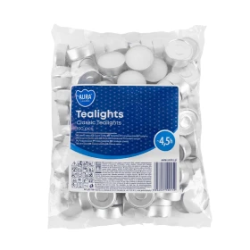 Podgrzewacze tealight 4,5h 100 szt. w folii p15-100 Aura w praktycznym opakowaniu. Idealne do świeczników, lampionów i codziennych dekoracji wnętrz.