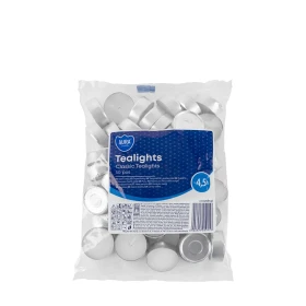 Podgrzewacze tealight 4,5h 50 szt. w folii p15-50 Aura w praktycznym opakowaniu. Idealne do kominków zapachowych, świeczników i codziennych dekoracji.