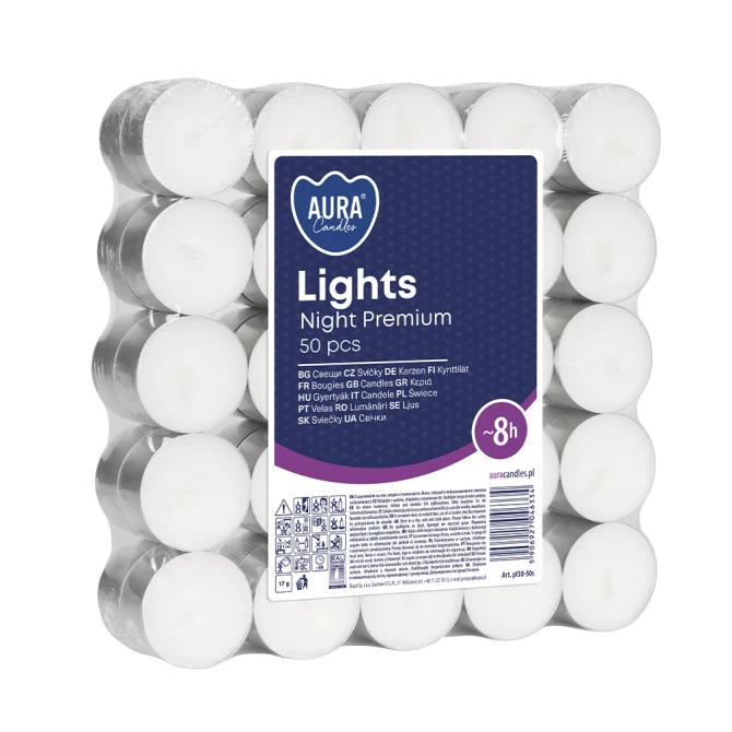 Podgrzewacze tealight 8h 50 szt. w stosie pf30-50s Aura do kominków i dekoracji.