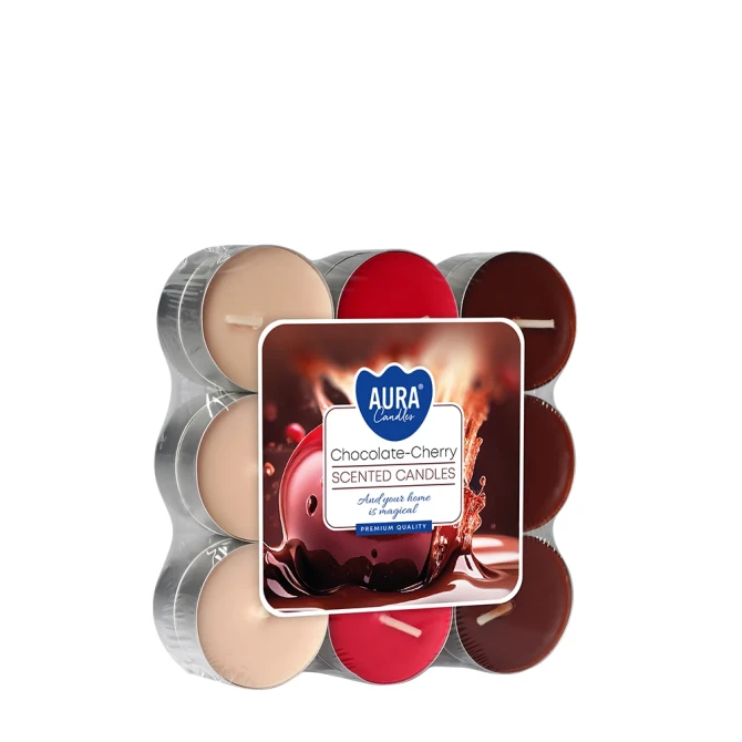 Podgrzewacze zapachowe 18 szt. Czekolada – Wiśnia P15-18-104 Aura w opakowaniu zbiorczym, widoczne świeczki tealight.