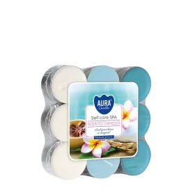 Podgrzewacze zapachowe 18 szt. Self Care SPA P15-18-363 Aura w opakowaniu, widoczne jasne świeczki tealight ułożone w zestawie.