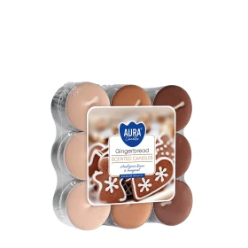 Podgrzewacze zapachowe 18 szt. Pierniczki P15-18-346 Aura w opakowaniu, widoczne brązowe świeczki tealight ułożone w zestawie.