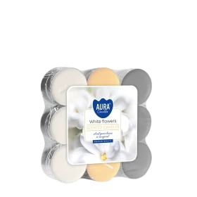 Podgrzewacze zapachowe 18 szt. Białe Kwiaty P15-18-179 Aura w opakowaniu, widoczne jasne świeczki tealight ułożone w zestawie.