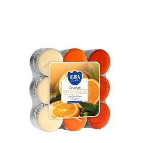 Podgrzewacze zapachowe 18 szt. Pomarańcza P15-18-63 Aura w opakowaniu, widoczne pomarańczowe świeczki tealight.