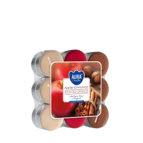 Podgrzewacze zapachowe 18 szt. Jabłko - Cynamon P15-18-87 Aura w opakowaniu, widoczne czerwono-brązowe świeczki tealight.