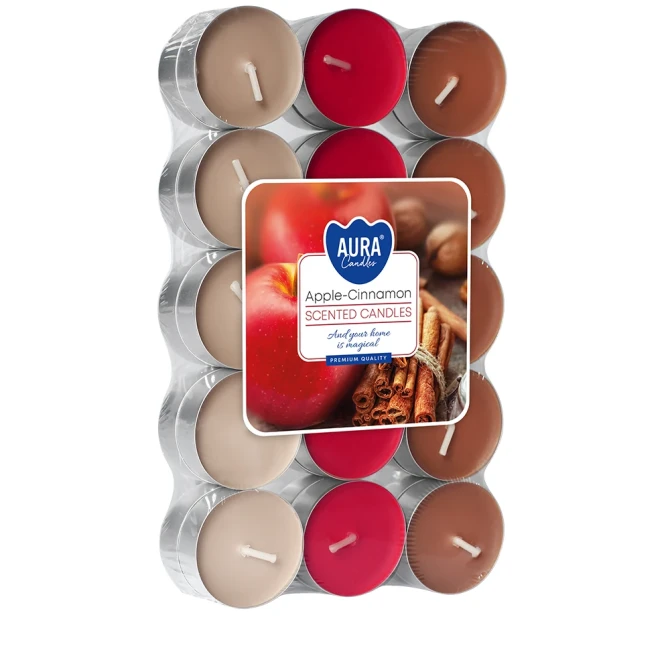 Podgrzewacze zapachowe 30 szt. Jabłko – Cynamon P15-30-87 Aura w opakowaniu, widoczne czerwone świeczki tealight ułożone w zestawie.