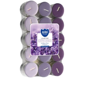 Podgrzewacze zapachowe 30 szt. Lawenda P15-30-79 Aura w opakowaniu, widoczne fioletowe świeczki tealight ułożone w zestawie.