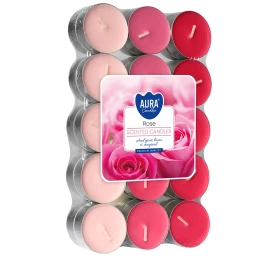 Podgrzewacze zapachowe 30 szt. Róża P15-30-78 Aura w opakowaniu, widoczne różowe świeczki tealight ułożone w zestawie.