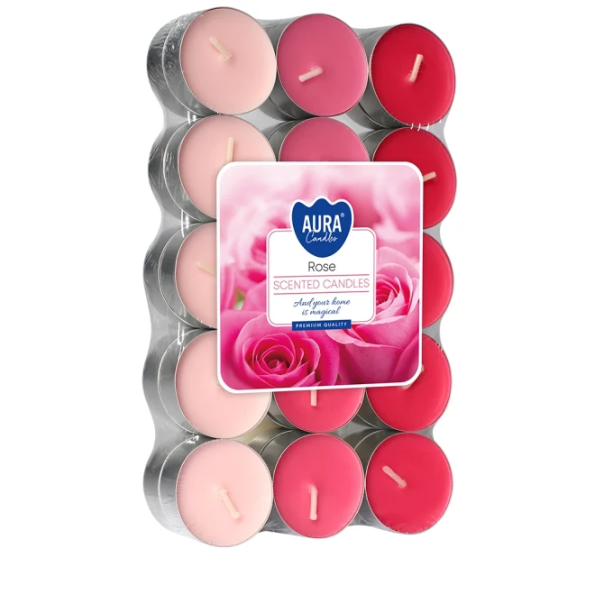 Podgrzewacze zapachowe 30 szt. Róża P15-30-78 Aura w opakowaniu, widoczne różowe świeczki tealight ułożone w zestawie.