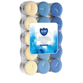 Podgrzewacze zapachowe 30 szt. Antytabak P15-30-69 Aura w opakowaniu, widoczne jasne świeczki tealight ułożone w zestawie.