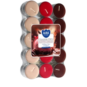 Podgrzewacze zapachowe 30 szt. Czekolada – Wiśnia P15-30-104 Aura w opakowaniu, widoczne czerwone świeczki tealight ułożone w zestawie.