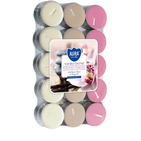Podgrzewacze zapachowe 30 szt. Wanilia – Orchidea P15-30-184 Aura w opakowaniu, widoczne jasne świeczki tealight ułożone w zestawie.