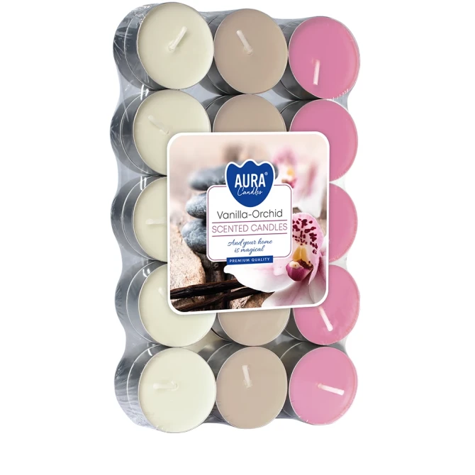Podgrzewacze zapachowe 30 szt. Wanilia – Orchidea P15-30-184 Aura w opakowaniu, widoczne jasne świeczki tealight ułożone w zestawie.