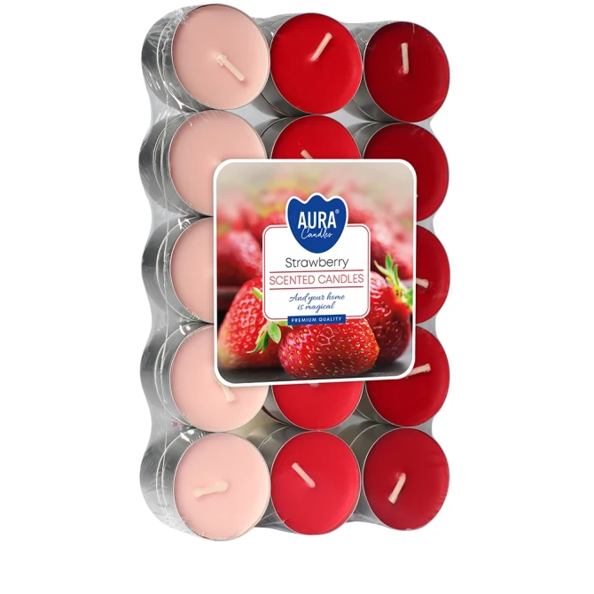 Podgrzewacze zapachowe 30 szt. Truskawka P15-30-73 Aura w opakowaniu, widoczne czerwone świeczki tealight ułożone w zestawie.