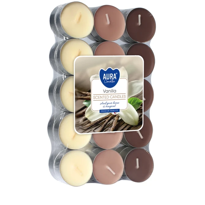 Podgrzewacze zapachowe 30 szt. Wanilia P15-30-67 Aura w opakowaniu, widoczne jasne świeczki tealight ułożone w zestawie.