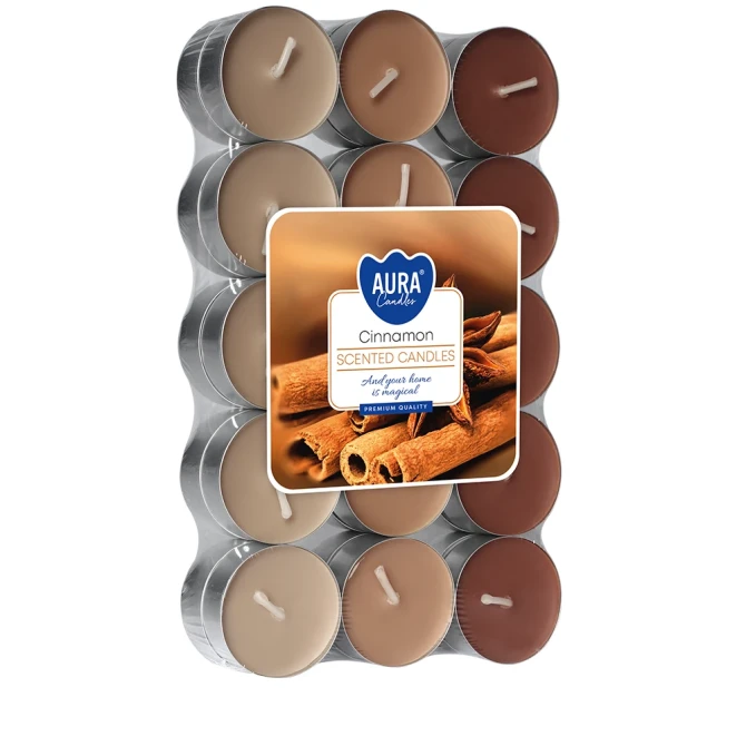 Podgrzewacze zapachowe 30 szt. Cynamon P15-30-65 Aura w opakowaniu, widoczne brązowe świeczki tealight ułożone w zestawie.