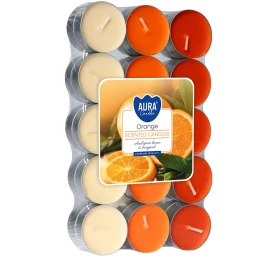 Podgrzewacze zapachowe 30 szt. Pomarańcza P15-30-63 Aura w opakowaniu, widoczne pomarańczowe świeczki tealight ułożone w zestawie.