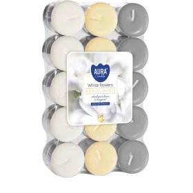 Podgrzewacze zapachowe 30 szt. Białe Kwiaty P15-30-179 Aura w opakowaniu, widoczne jasne świeczki tealight ułożone w zestawie.