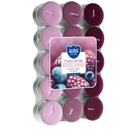 Podgrzewacze zapachowe 30 szt. Mrożone Jagody P15-30-314 Aura w opakowaniu, widoczne fioletowe świeczki tealight ułożone w zestawie.