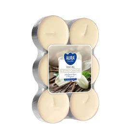 Podgrzewacze zapachowe maxi 6 szt. Wanilia P35-6-67 Aura w opakowaniu, widoczne większe świeczki typu tealight.