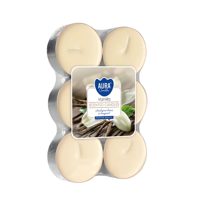 Podgrzewacze zapachowe maxi 6 szt. Wanilia P35-6-67 Aura w opakowaniu, widoczne większe świeczki typu tealight.