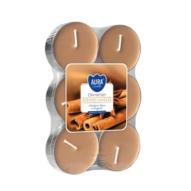 Podgrzewacze zapachowe maxi 6 szt. Cynamon P35-6-65 Aura w opakowaniu, widoczne większe świeczki typu tealight.