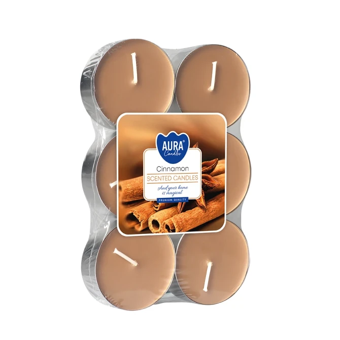 Podgrzewacze zapachowe maxi 6 szt. Cynamon P35-6-65 Aura w opakowaniu, widoczne większe świeczki typu tealight.