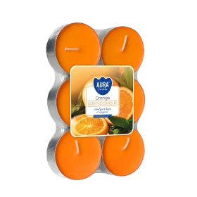 Podgrzewacze zapachowe maxi 6 szt. Pomarańcza P35-6-63 Aura w opakowaniu, widoczne większe świeczki typu tealight.
