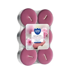 Podgrzewacze zapachowe maxi 6 szt. Ogród SPA P35-6-254 Aura w opakowaniu, widoczne większe świeczki typu tealight.