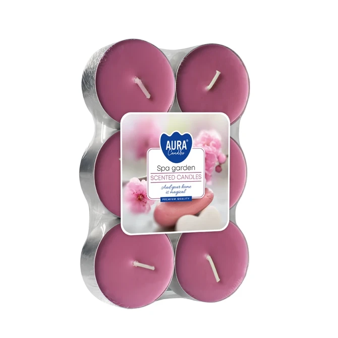 Podgrzewacze zapachowe maxi 6 szt. Ogród SPA P35-6-254 Aura w opakowaniu, widoczne większe świeczki typu tealight.
