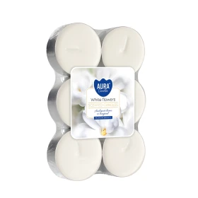 Podgrzewacze zapachowe maxi 6 szt. Białe Kwiaty P35-6-179 Aura w opakowaniu, widoczne świeczki tealight ułożone obok siebie.