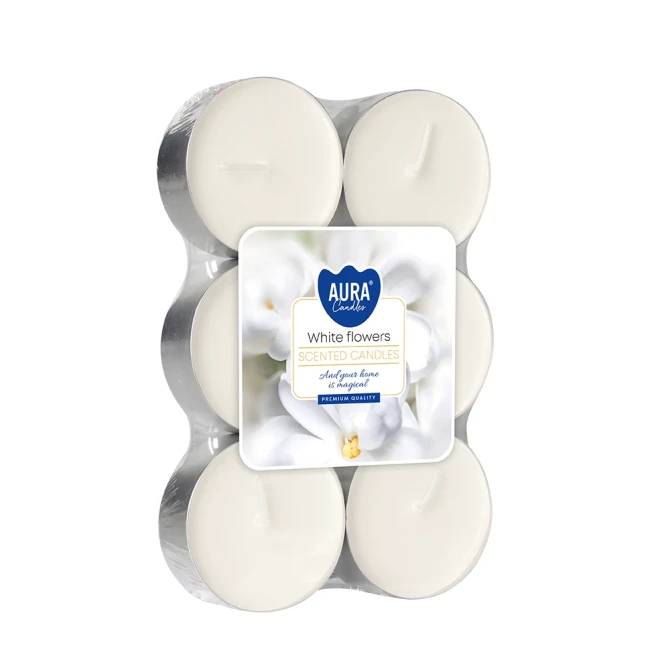 Podgrzewacze zapachowe maxi 6 szt. Białe Kwiaty P35-6-179 Aura w opakowaniu, widoczne świeczki tealight ułożone obok siebie.
