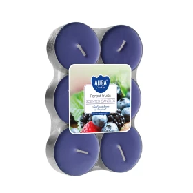 Podgrzewacze zapachowe maxi 6 szt. Owoce Leśne P35-6-13 Aura w opakowaniu, widoczne fioletowe świeczki tealight ułożone w zestawie.