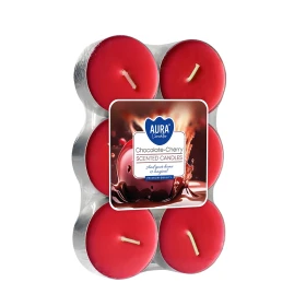 Podgrzewacze zapachowe maxi 6 szt. Czekolada – Wiśnia P35-6-104 Aura w opakowaniu, widoczne czerwone świeczki tealight ułożone w zestawie.