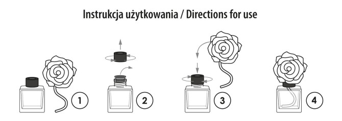 Dyfuzor zapachowy z kwiatem Tajemnicze Róże 80 ml dz80k-254 Aura Home Care pokazany wraz z informacjami dotyczącymi produktu. Aromatyczny dyfuzor zapewnia przyjemny zapach nawet do 4 tygodni.