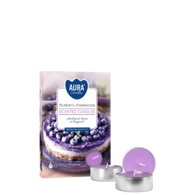 Podgrzewacze zapachowe Sernik Jagodowy p15-359 Aura w eleganckim opakowaniu z dekoracyjnym motywem. Aromatyczne tealighty doskonale tworzą przytulny klimat i wypełniają wnętrze słodkim zapachem jagodowego sernika.