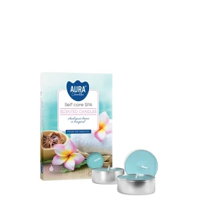 Podgrzewacze zapachowe Self Care Spa p15-363 Aura w eleganckim opakowaniu z dekoracyjnym motywem. Aromatyczne tealighty doskonale tworzą relaksujący klimat i wypełniają wnętrze świeżym aromatem inspirowanym strefą SPA.