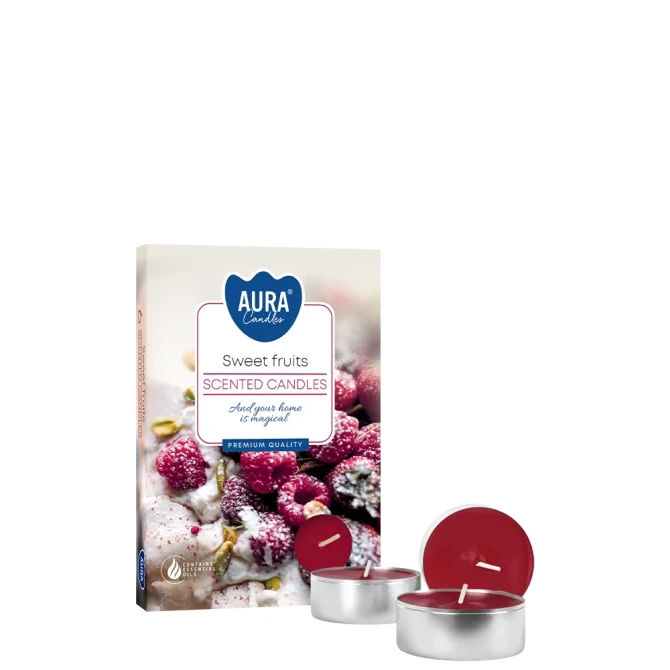 Podgrzewacze zapachowe Słodkie Owoce p15-379 Aura w eleganckim opakowaniu z owocowym motywem. Aromatyczne tealighty doskonale tworzą przytulny klimat i wypełniają wnętrze słodkim owocowym aromatem.