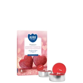 Podgrzewacze zapachowe Passion p15-380 Aura w eleganckim opakowaniu z dekoracyjnym motywem owocowym. Aromatyczne tealighty doskonale tworzą przytulny klimat i wypełniają wnętrze intensywnym słodkim aromatem.